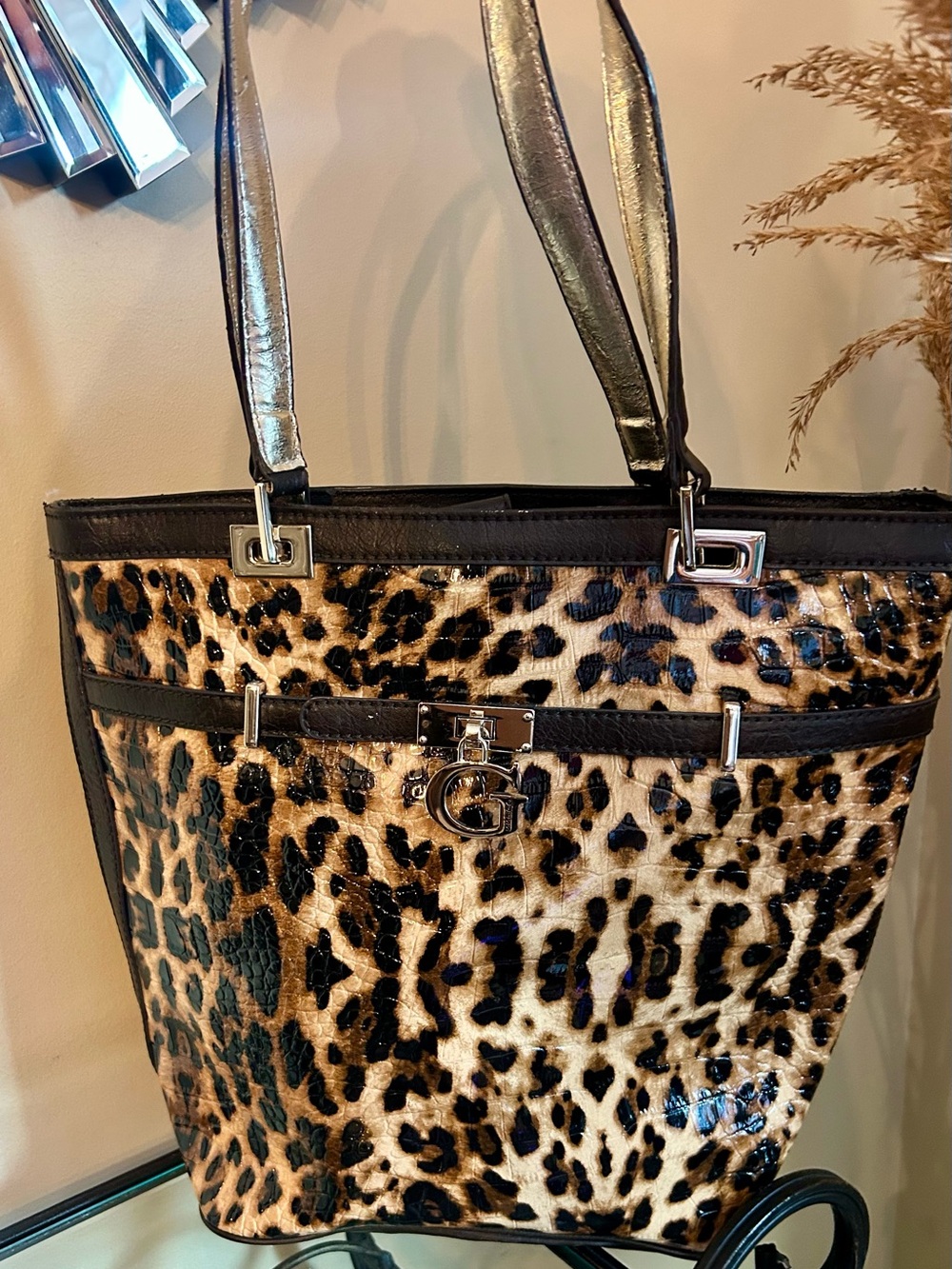 Guess Leopard Print Patent Tote with Black Trim and Silver Hardware
